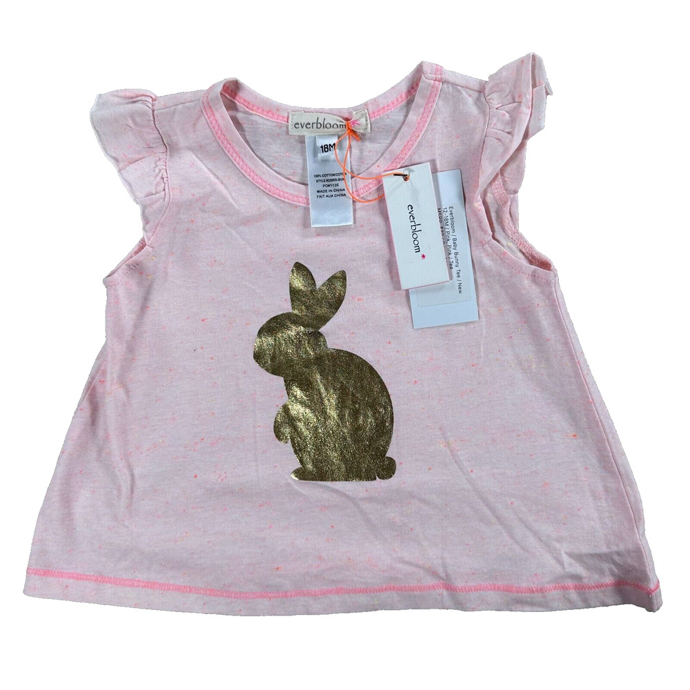 Everbloom Baby Girl 18 Month Pink Bunny Gold Ruffle Sleeve Tee Shirt New Easter